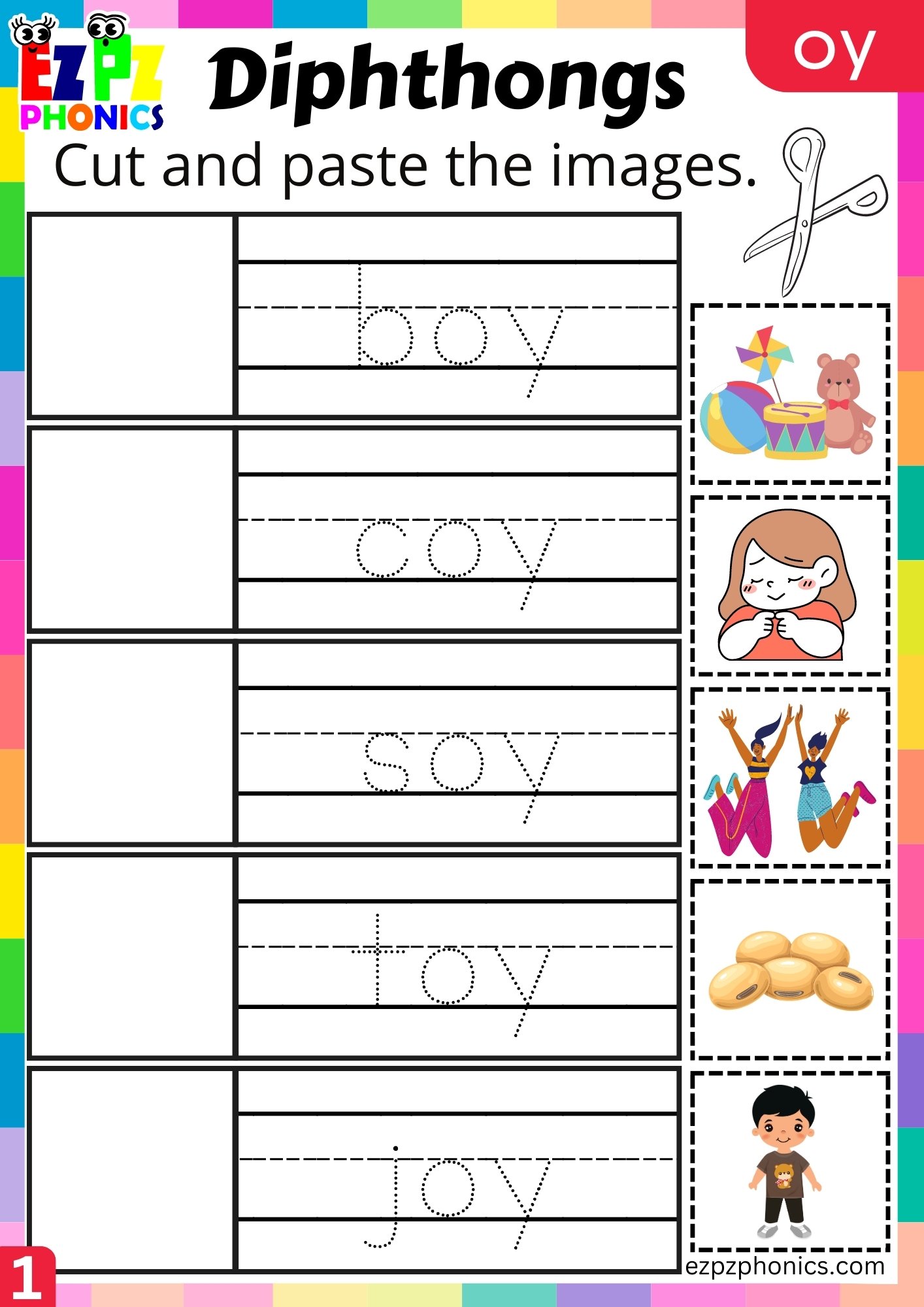 oy Diphthong Cut and Paste the Images Worksheet PDF